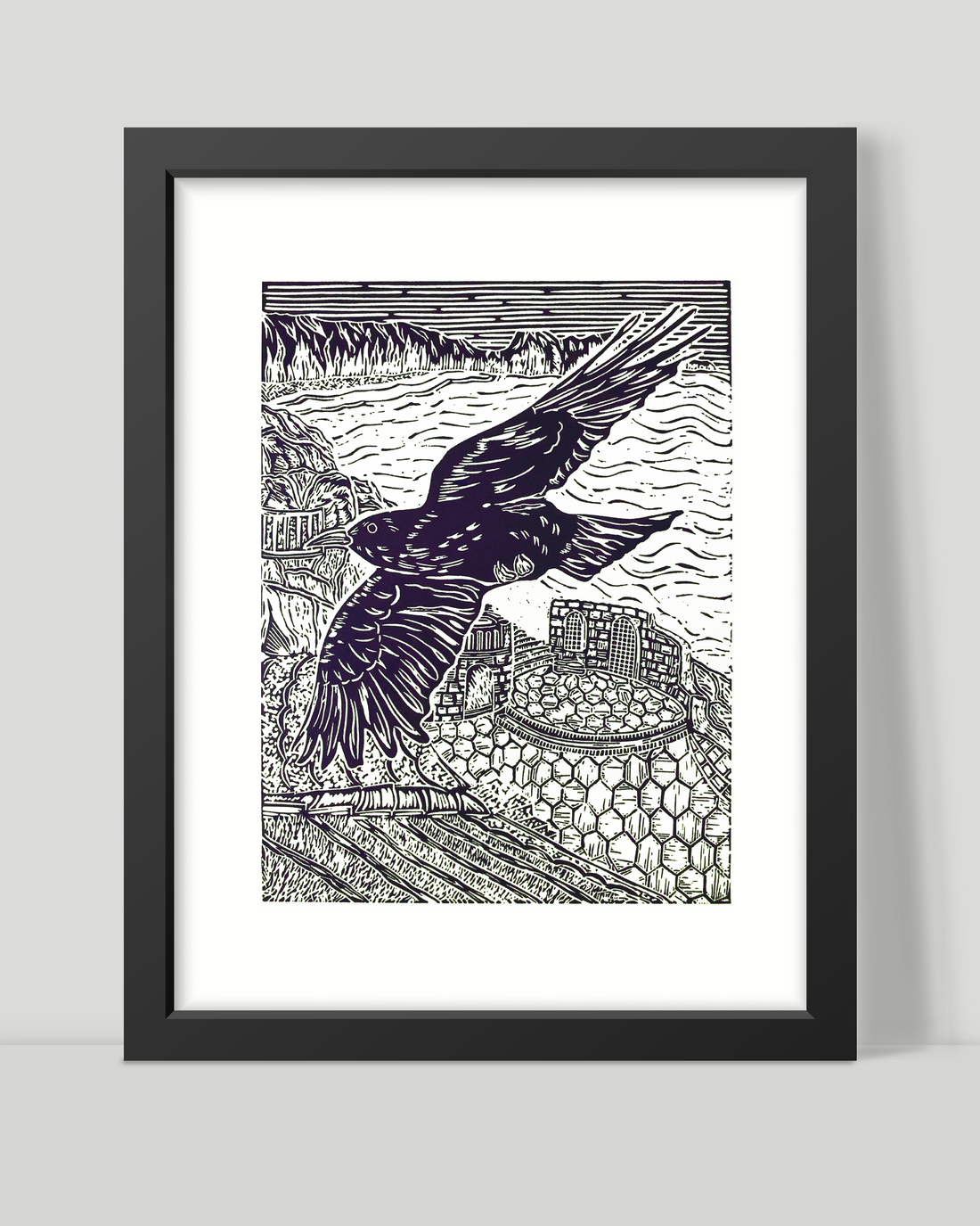 New Lino Print of Cornish Clifftop Chough