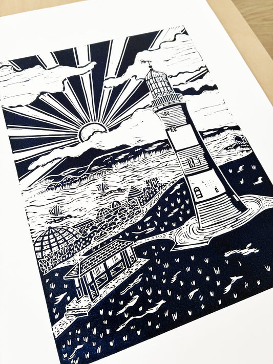 New Lino Print of Plymouth Hoe's Smeaton's Tower