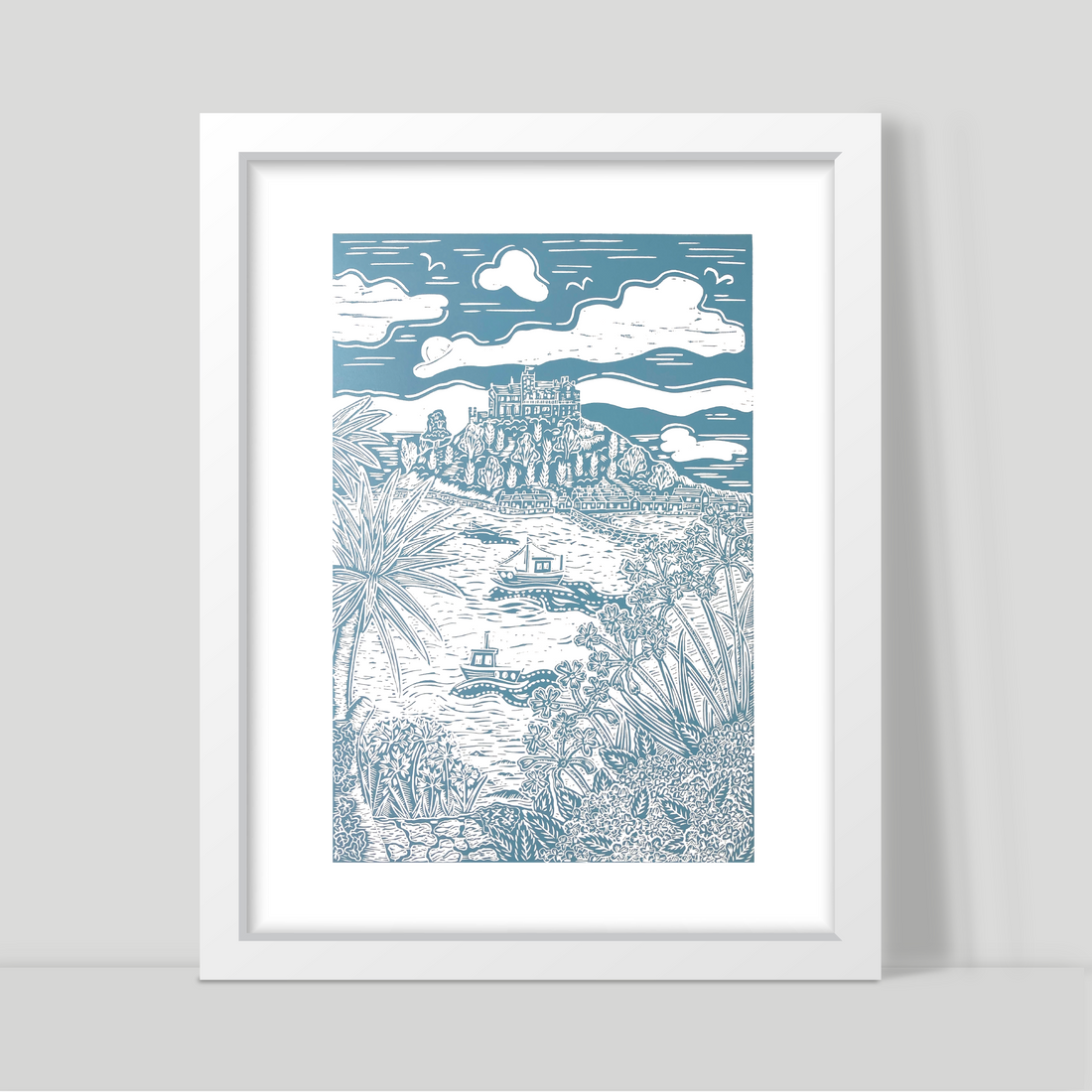 St Michael's Mount, Cornwall, lino print in powder blue ink in a white frame.
