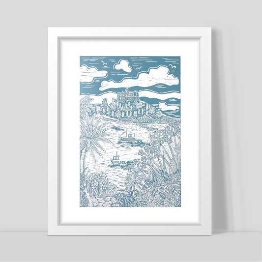 St Michael's Mount, Cornwall, lino print in powder blue ink in a white frame.