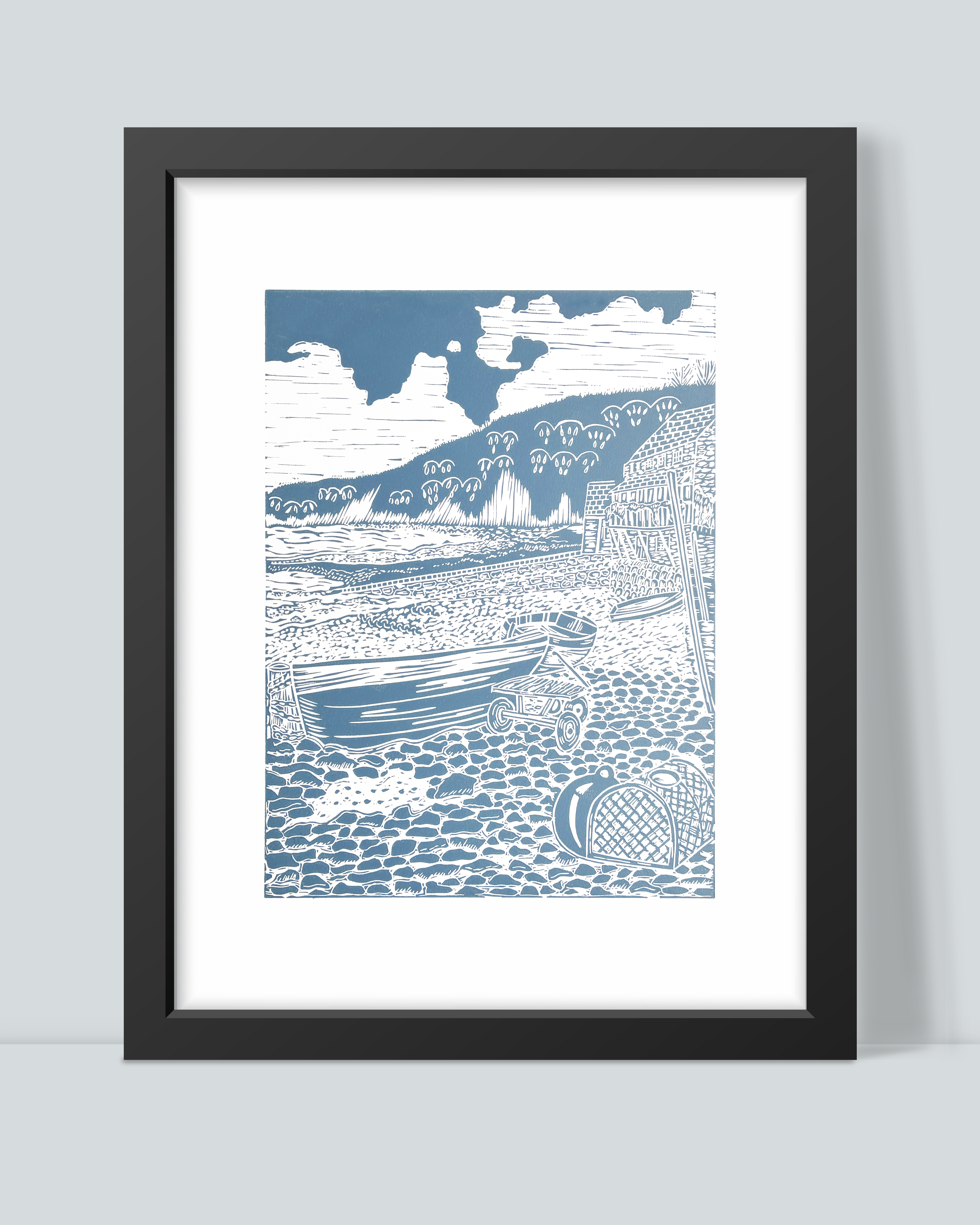 Joanna Williams Art lino print of Clovelly Harbour in Devon