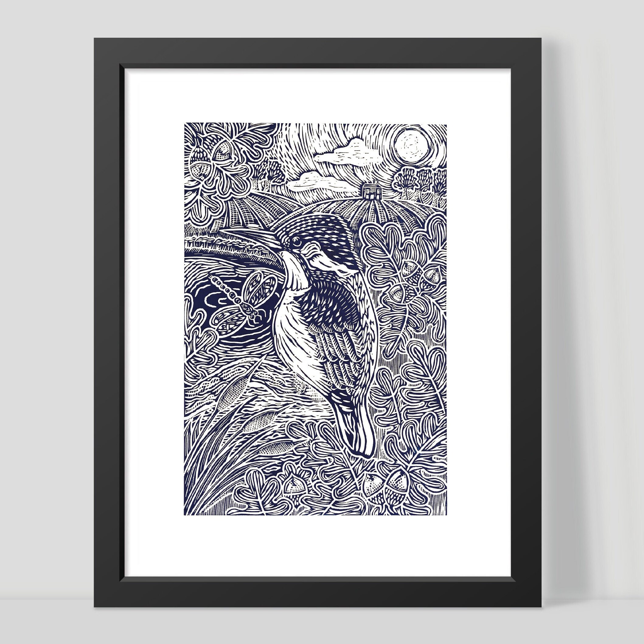 Framed artwork of a stylized kingfisher with intricate patterns on a white background by Joanna Williams Art - lino printer