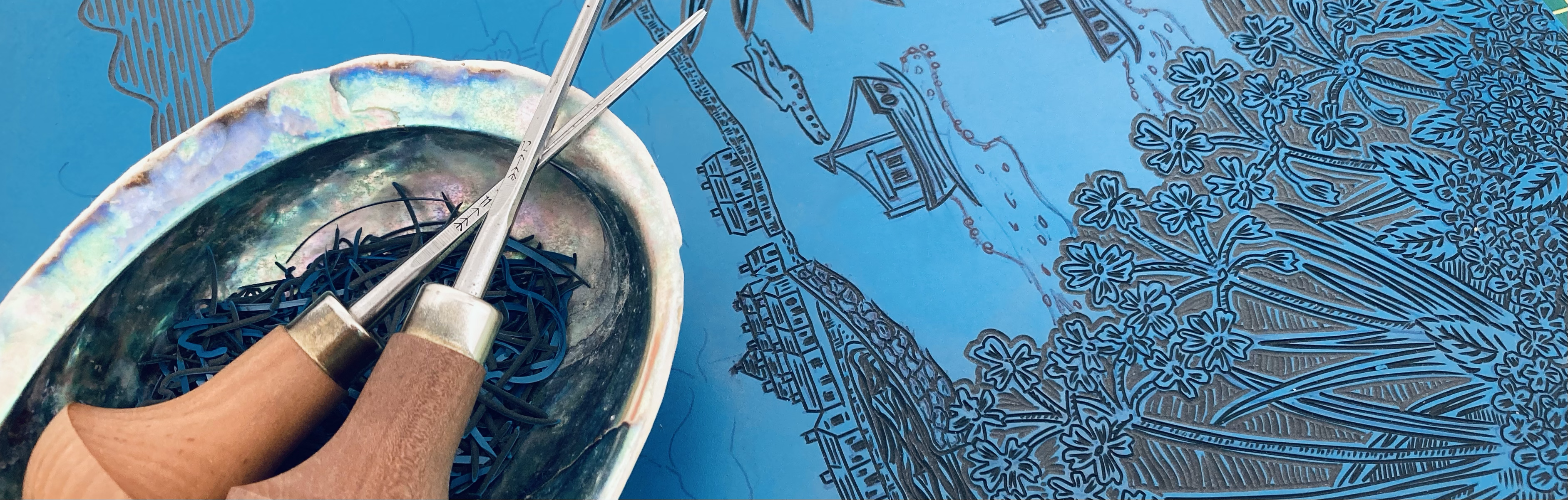 Joanna Williams Art Lino Print carving tools and linocut block