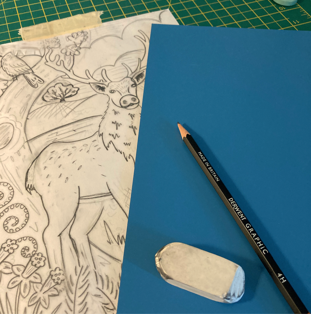 lino print process stage one of Joanna Williams' Art linocut process - drawing the  design of the lino print