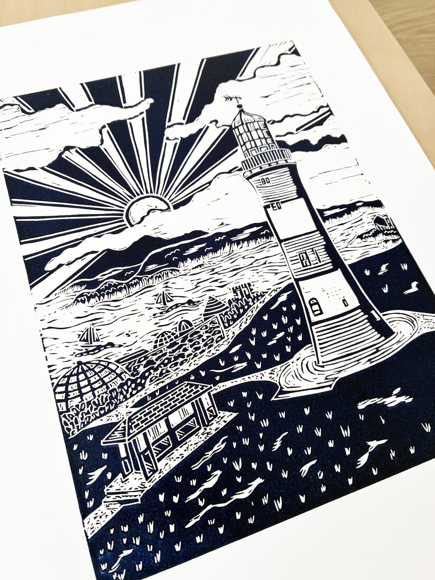 Lino print of Smeaton's Tower on Plymouth Hoe